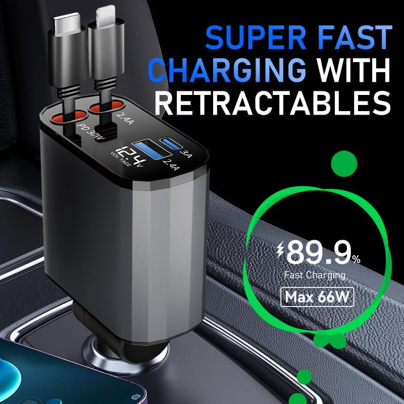 TICCI Retractable Car Charger [60W USB C with Cables] 4-in-1 Retractable Car Charger Fast Charging for iPhone 16, 15, 14, 13, 12 Series, USB-C, Android - color: Blue Grey