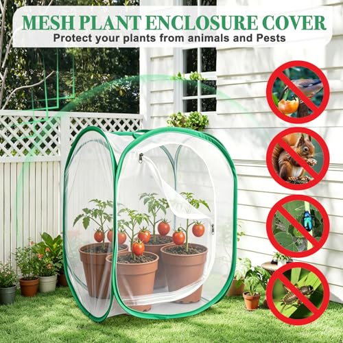 Gardon Mesh Plant Enclosure, Pop-Up Mesh Plant Cover from Pests, Birds, Animals, Plant Netting Cage for Tomato, Fruit, Vegetables, Flowers with Zipper Door 15.7 x 15.7 x 23.6 Inch