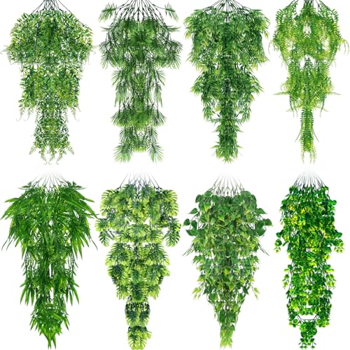 Suncalla Reptile Plants Terrarium Hanging Plants Vines Boston Climbing Terrarium Plant with Suction Cup for Bearded Dragons Lizards Crested Gecko Snake Crab Tank(Lush Series,Multiple Green) - style: Lush Series