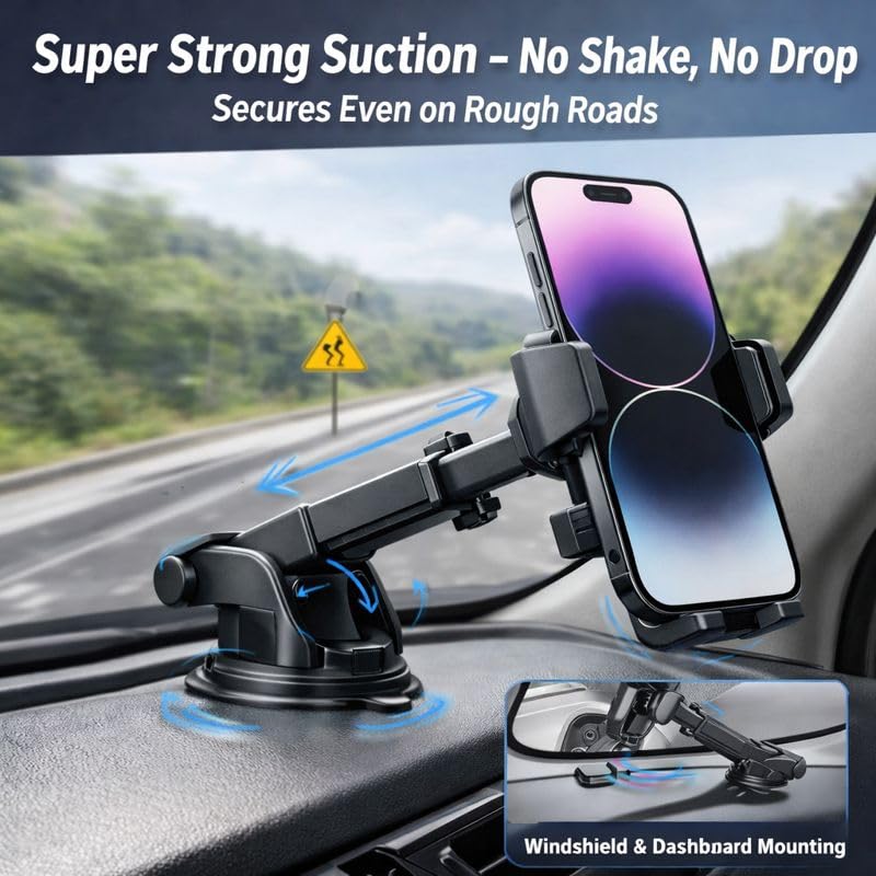 Adjustable & Extendable Car Phone Holder for Dashboard & Windshield, 360° Rotating One-Handed Universal Smartphone Mount with Strong Suction for Cars, Trucks & SUVs, Compatible with iPhone & Android