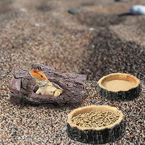 Reptile Hide & Food Bowls - Lizard Resin Hollow Tree Trunk Hideout, Bearded Dragon Tank Accessories - Water Dish Habitat Tank Decoration for Lizards, Snake, Gecko - 3 Pcs (Brown Rock)