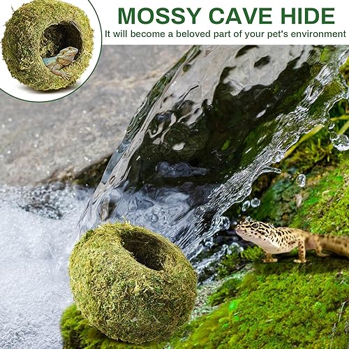Tinideya 4 Pcs Mossy Cave Hide Artificial Green Reptile Mossy Hideout 4 Inch Humidity Crested Gecko Tank Decor for Pet Reptile Frogs Snakes Turtle Spider Lizard Chameleon, Terrarium Vivarium Decor
