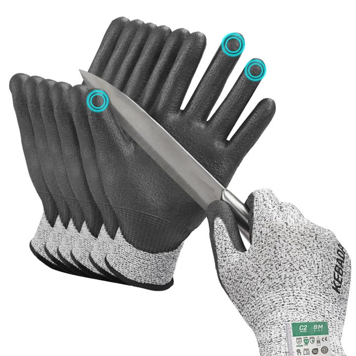 Kebada Cut Resistant Gloves, ANSI A2 Cutting Glove, PU Coated, Touchscreen, Multi-Purpose Model C2, 3 Pairs, Small - color: Grey(3 Pairs), size: 7/Small