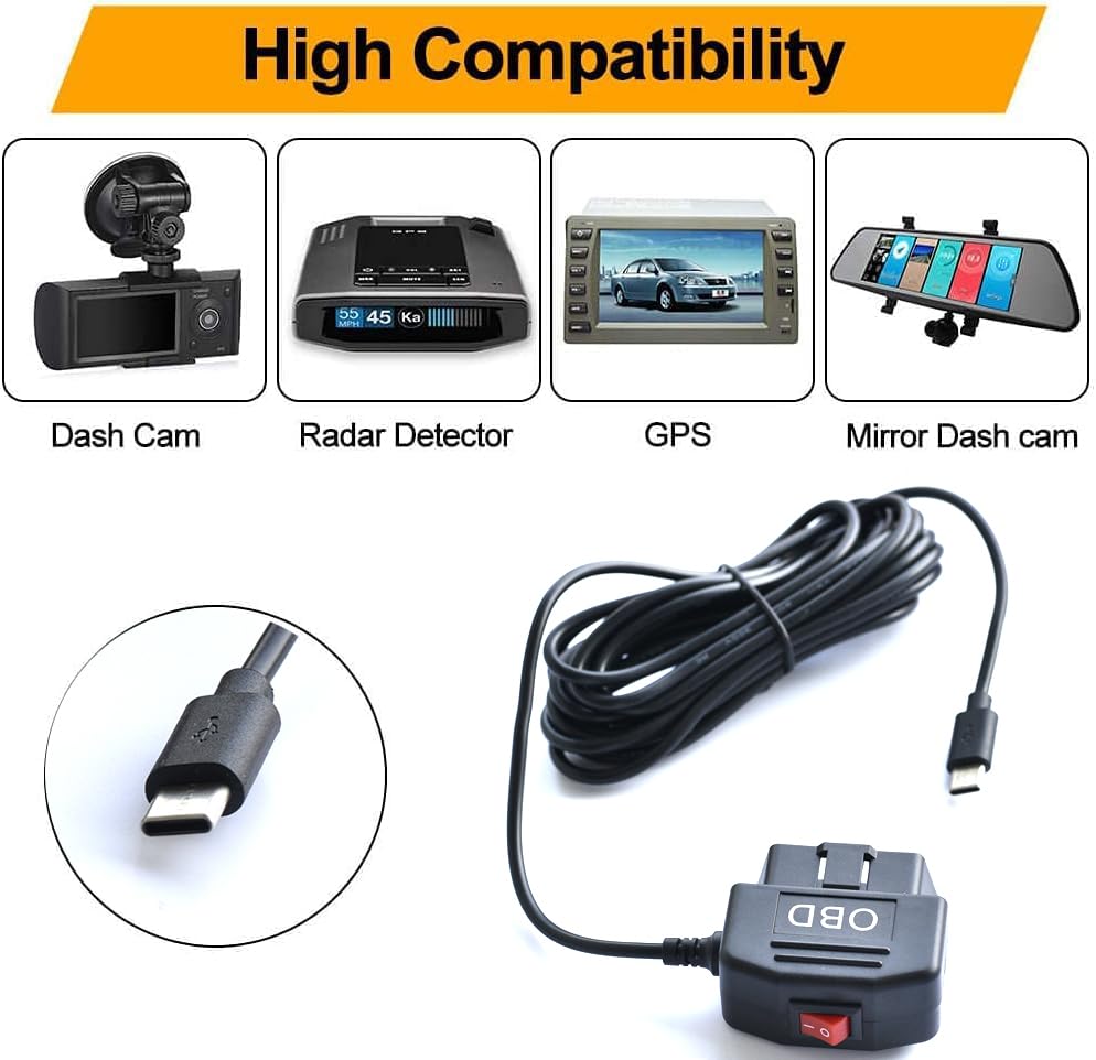 Dash Cam OBD Hardwire Kit, OBD2 Power Cable for Dash Camera TwinPa OBD to USB-C OBDII Adapter Hardwire Charger Cable and Acc Two Mode 12-36V to 5V 3A (USB-C Port)