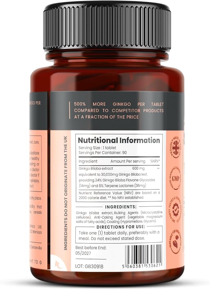 pureclinica High Potency Ginkgo Biloba 30,000mg x 180 Tablets (2 Bottles of 90) - 6 Months Supply - 5 Times The Strength of Competitor Products