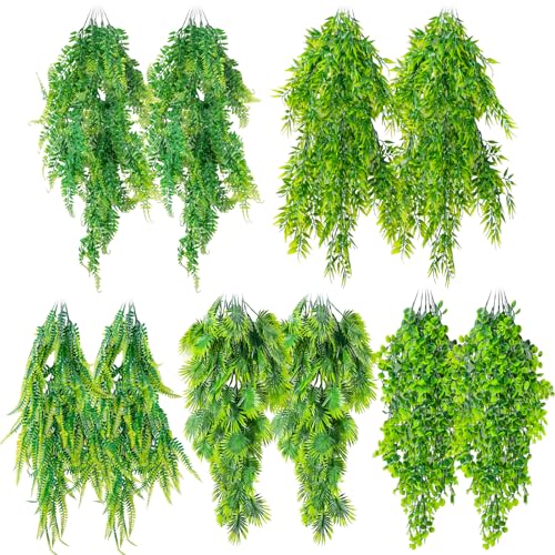 CousDUoBe 10 Pcs Reptile Plants Decorations,Terrarium Hanging Plants Vines Artificial Leaves Habitat Decorations with Suction Cup for Bearded Dragon Hermit Crab Lizard Snake Geckos Chameleon
