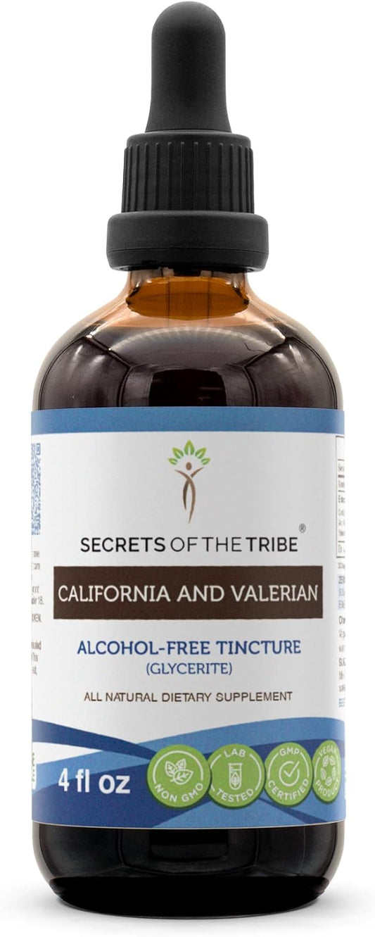 Secrets of the Tribe California and Valerian Tincture Alcohol-Free Extract, Herbs (California Poppy Herb and Flower, Valerian Root) 4 OZ