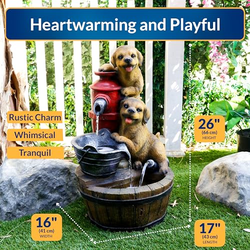 Alpine Corporation GXT986 26" Tall Outdoor Barrel Fountain with Playful Puppies, Cascading Garden Water Feature for Patio, Lawn, or Yard Decor, Brown - style: Barrel with Playful Puppies