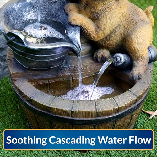 Alpine Corporation GXT986 26" Tall Outdoor Barrel Fountain with Playful Puppies, Cascading Garden Water Feature for Patio, Lawn, or Yard Decor, Brown - style: Barrel with Playful Puppies
