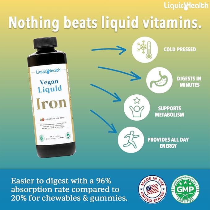 LIQUIDHEALTH Vegan Liquid Iron Supplement with SunActive & Ferrochel Iron - Natural Energy, Immune System & Metabolic Support, Increase Mental Clarity, Prenatal/Postnatal - USA Made, Non-GMO (16 oz)