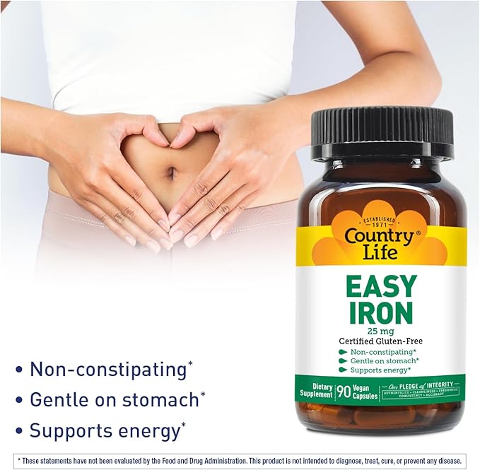 Country Life Easy Iron 25mg Capsules - Gentle Non-Constipating Ferrochel - Vegan Vitamin Supplement for Women & Men - Supports Body Energy - Multivitamin with Iron