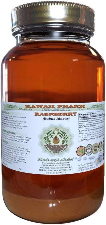 Raspberry Alcohol-Free Liquid Extract, Organic Raspberry (Rubus idaeus) Dried Leaf Glycerite Natural Herbal Supplement, Hawaii Pharm, USA 32 fl.oz