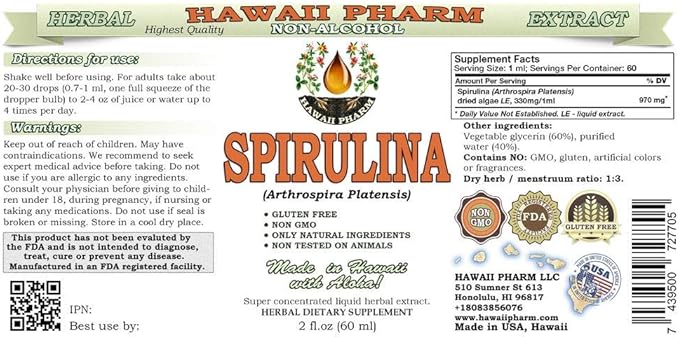 Spirulina Alcohol-Free Liquid Extract, Organic Spirulina (Arthrospira platensis) Dried Algae Glycerite Natural Herbal Supplement, Hawaii Pharm, USA 2x2 fl.oz