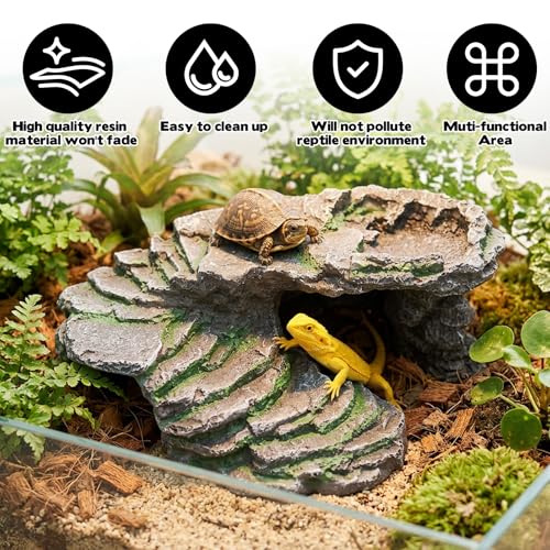 Reptile Hide Cave with Feeding Dish, Basking Platform & Climbing Ledge for Lizards, Natural Rock Style Habitat for Gecko Bearded Dragon Terrarium Decor