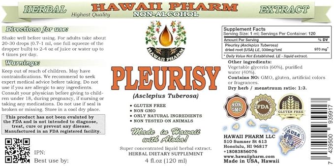 Pleurisy Root Alcohol-Free Liquid Extract, Pleurisy Root (Asclepius tuberosa) Dried Root Glycerite Natural Herbal Supplement, Hawaii Pharm, USA 4 fl.oz