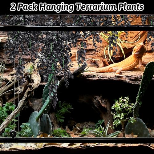 Hamiledyi 6 PCS Reptile Plants, Hanging Terrarium Plants, Artificial Leaves Habitat Decorations with Suction Cup, Fake Amphibian Plants for Bearded Dragon Lizard Hermit Crab Geckos Chameleon(Black) - size: 6 PCS