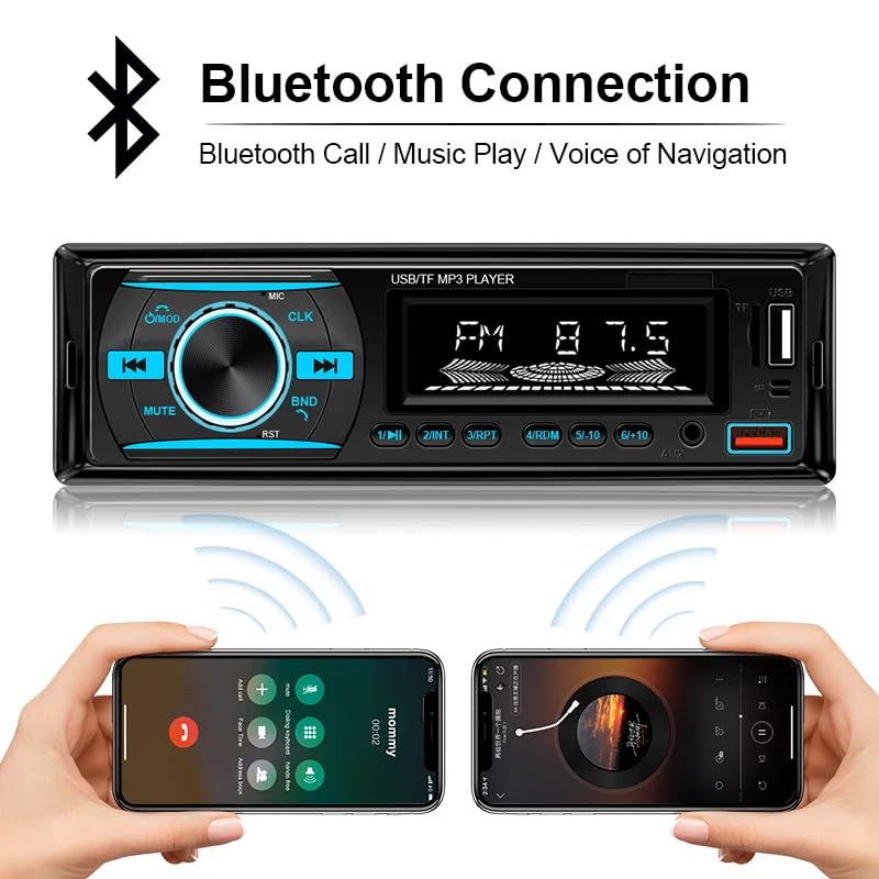 1 DIN Car Stereo Bluetooth Audio Receiver - FM Radio MP3 Player with Hands-Free Calling, Wireless Music Streaming, Fast Charging, USB/TF/AUX Port, 7-Color Backlight, Clock Display, Remote Control