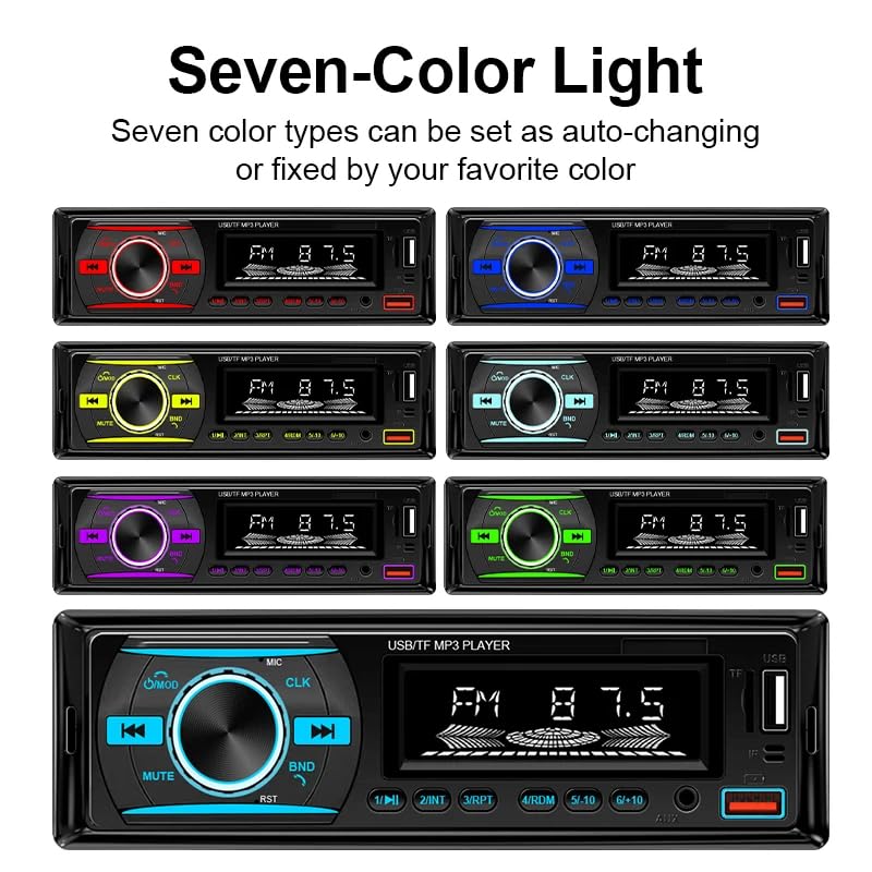 1 DIN Car Stereo Bluetooth Audio Receiver - FM Radio MP3 Player with Hands-Free Calling, Wireless Music Streaming, Fast Charging, USB/TF/AUX Port, 7-Color Backlight, Clock Display, Remote Control