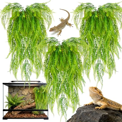 RAINFLOW 3PCS Artificial Terrarium Plants - Lifelike Reptile Habitat Vines, Fake Hanging Plants with Bendable Vine, Reptile Tank Accessories for Bearded Dragon, Chameleon, Lizard Snake Cage Decor