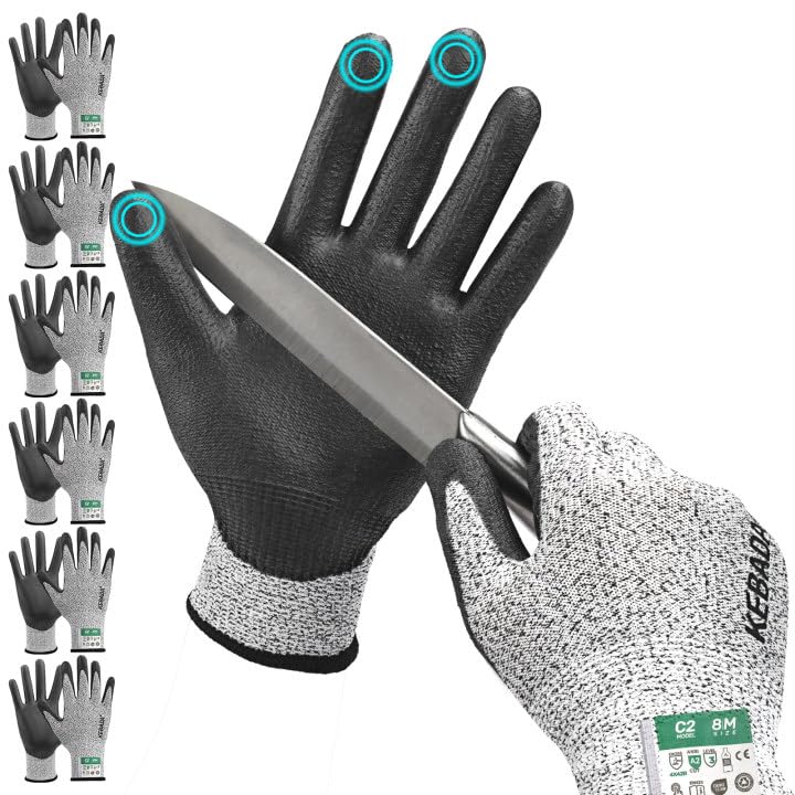 Kebada Cut Resistant Gloves, ANSI A2 Cutting Glove, PU Coated, Touchscreen, Multi-Purpose Model C2, 6 Pairs, Small - color: Grey(6 Pairs), size: 7/Small