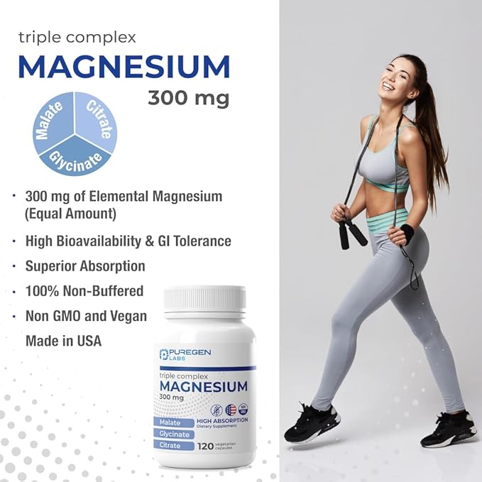 Puregen Labs Triple Magnesium Complex 300mg of Magnesium Glycinate, Malate, & Citrate [High Absorption] Total 240 Veg Capsules | No Harmful Additives | Non-GMO, NO Gluten and Dairy | Made in USA