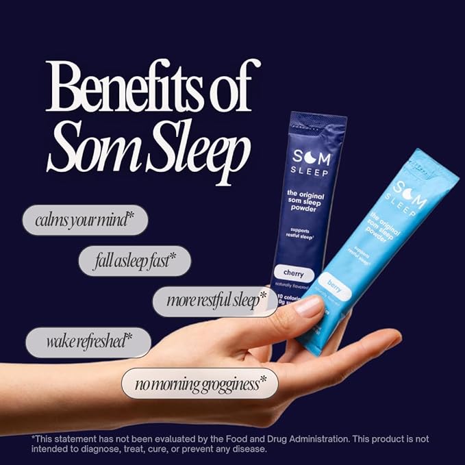 Som Sleep, Restful Sleep Powder Drink Mix w/Melatonin, Magnesium, Vitamin B6, L-Theanine & GABA – Vegan, Zero Sugar, Keto Friendly – Cherry, 10-Pack