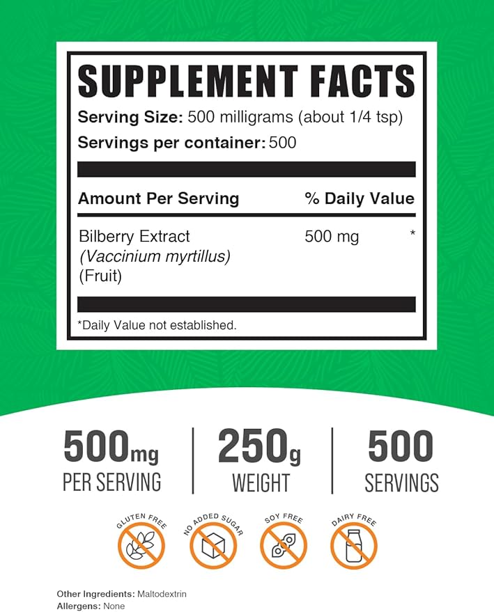 BulkSupplements.com Bilberry Extract Powder - Bilberry Fruit Extract, Bilberry Powder, Bilberry Supplement for Eyes - Glulten Free, 500mg per Serving, 250g (8.8 oz) (Pack of 1)