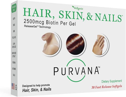 Wellgenix Purvana Hair, Skin, and Nails Vitamin - 2500mcg Biotin, Folic Acid, DMAE, Grape Seed Extract - One a Day Softgels - PCOS & Postpartum Hair Loss Support - (30 Count)