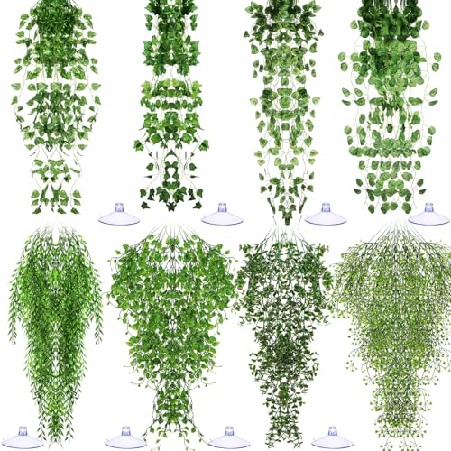 Suncalla Reptile Plants Terrarium Hanging Plants Vines Boston Climbing Terrarium Plant with Suction Cup for Bearded Dragons Lizards Crested Gecko Snake Crab Tank(Petite Leaf Series,Multiple Green) - style: Petite Leaf Series