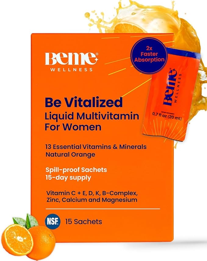 BeMe Liquid Multivitamin for Women - 2X Faster Absorption & High Bioavailability - Vitamin C+E, D, K, Calcium, Zinc, Magnesium - Clinically Tested Womens Multivitamin, Non-GMO, Soy, Dairy Free