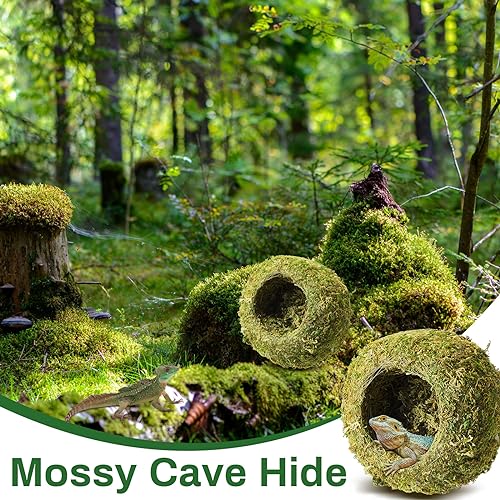 Tinideya 4 Pcs Mossy Cave Hide Artificial Green Reptile Mossy Hideout 4 Inch Humidity Crested Gecko Tank Decor for Pet Reptile Frogs Snakes Turtle Spider Lizard Chameleon, Terrarium Vivarium Decor