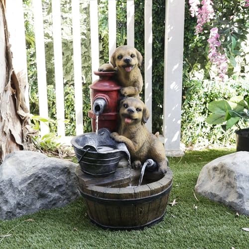 Alpine Corporation GXT986 26" Tall Outdoor Barrel Fountain with Playful Puppies, Cascading Garden Water Feature for Patio, Lawn, or Yard Decor, Brown - style: Barrel with Playful Puppies