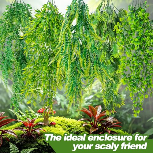 CousDUoBe 10 Pcs Reptile Plants Decorations,Terrarium Hanging Plants Vines Artificial Leaves Habitat Decorations with Suction Cup for Bearded Dragon Hermit Crab Lizard Snake Geckos Chameleon
