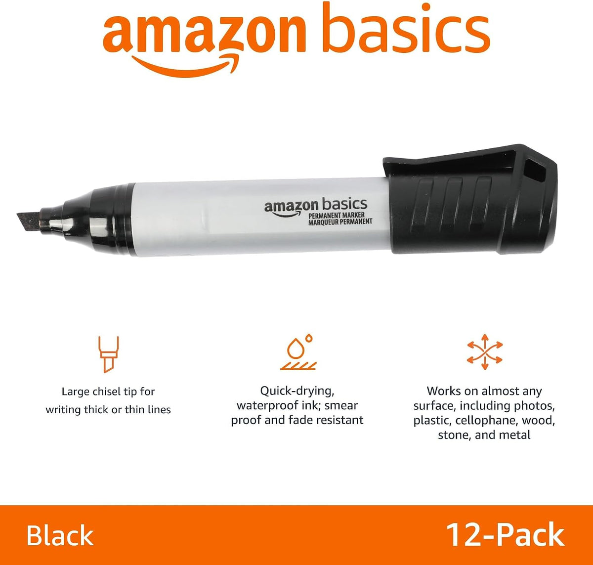 Amazon Basics Large Chisel Tip Permanent Markers, Quick Drying, Fade Resistant, Black, 12-Pack
