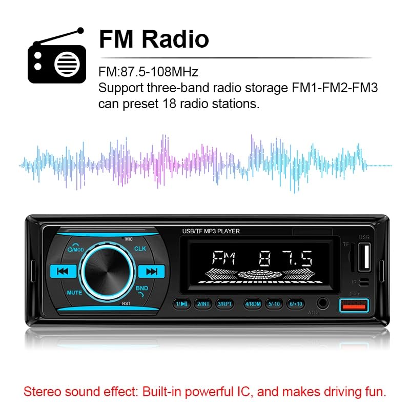 1 DIN Car Stereo Bluetooth Audio Receiver - FM Radio MP3 Player with Hands-Free Calling, Wireless Music Streaming, Fast Charging, USB/TF/AUX Port, 7-Color Backlight, Clock Display, Remote Control
