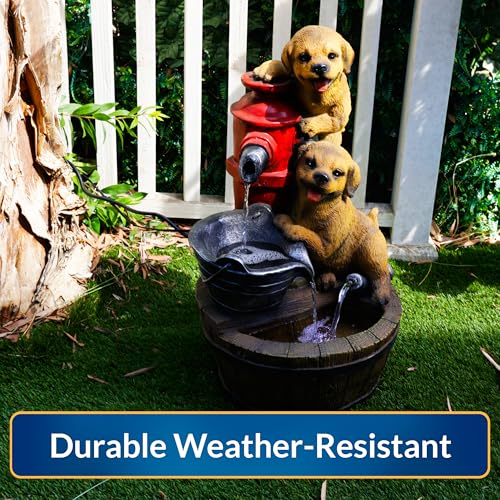Alpine Corporation GXT986 26" Tall Outdoor Barrel Fountain with Playful Puppies, Cascading Garden Water Feature for Patio, Lawn, or Yard Decor, Brown - style: Barrel with Playful Puppies