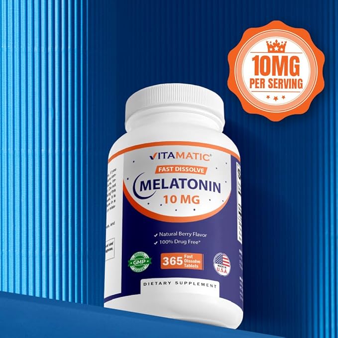 Vitamatic Melatonin 10 mg Tablets | Vegetarian, Non-GMO, Gluten-Free | 1-Year Supply | Natural Berry Flavor - 365 Tablets