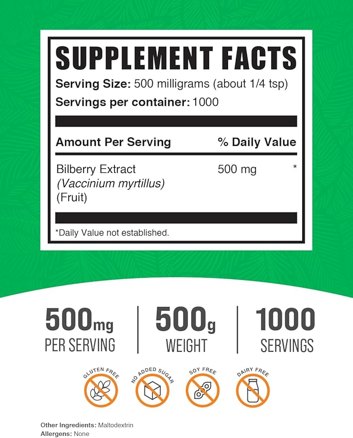 BulkSupplements.com Bilberry Extract Powder - Bilberry Fruit Extract, Bilberry Powder, Bilberry Supplement for Eyes - Glulten Free, 500mg per Serving, 500g (1.1 lbs) (Pack of 1)