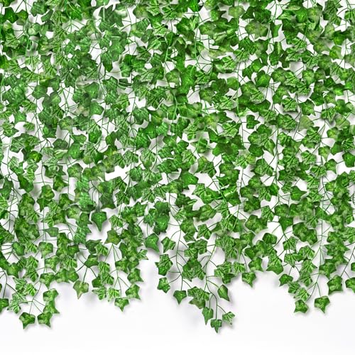 CQURE 120 Pack 840Ft Artificial Ivy Fake Vines,Ivy Garland Greenery Garland Fake Hanging Plants Vines Aesthetic Green Leaves for Bedroom Wedding Party Garden Wall Room Decor