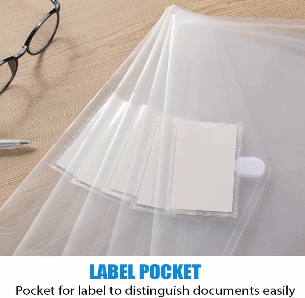 Sooez 10 Pack Plastic Envelopes File Folders, Clear Folder for Document US Letter A4 Size Poly Envelopes with Label Pockets for School Home Work Office Organizer, Clear