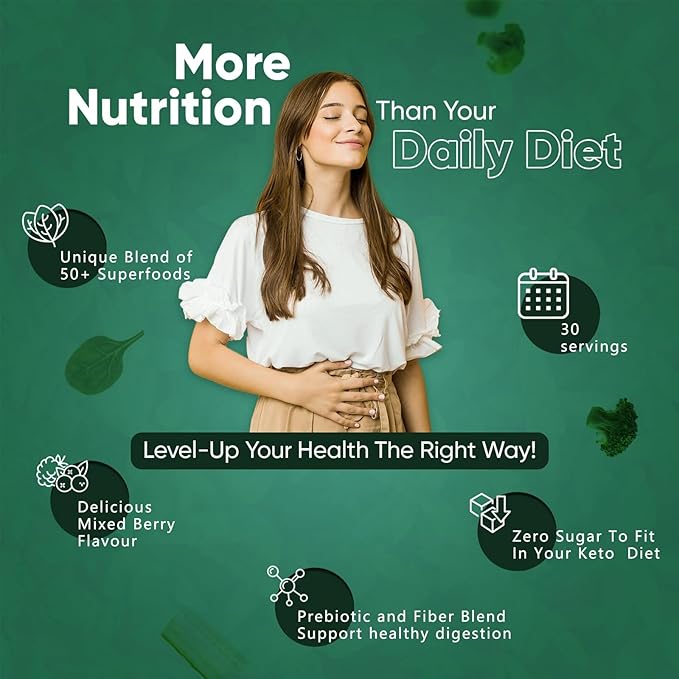 Super Greens Powder, 50+ Superfoods Blend, No Sugar, Fiber, Fruits, Vegetables, Spirulina, Chlorella, Mushrooms, Antioxidants, Prebiotics & Probiotics, Digestive Enzymes (9.52 OZ, Mango)