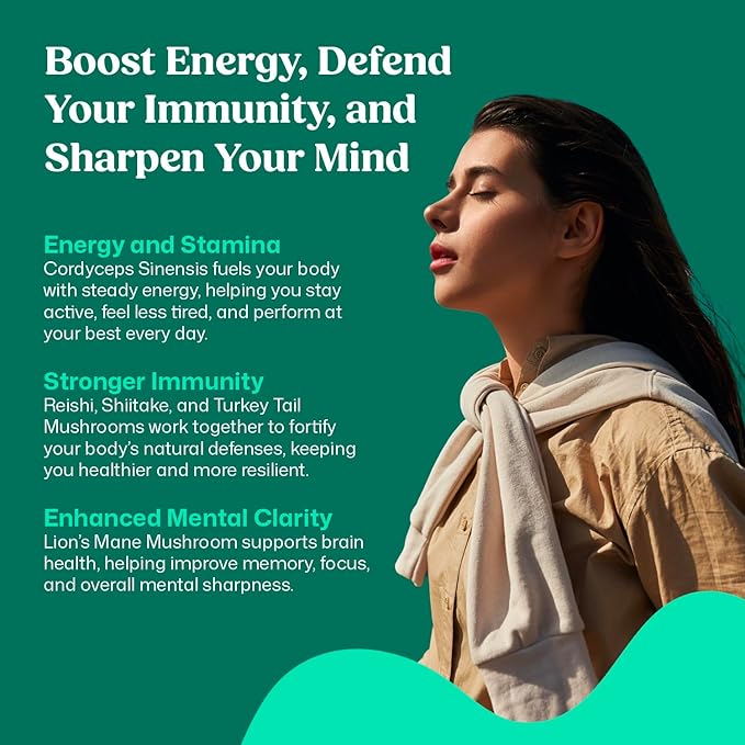 ColonBroom Mushroom Complex, Powerful Mushroom Blend with Cordyceps, Reishi, Shiitake, Lion’s Mane Extract for Energy, Immunity, Stress Relief & Cognitive Health - 60 Capsules, 30 Day Supply