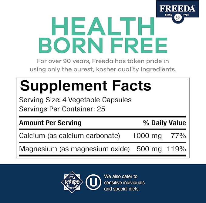 Freeda Super Cal/Mag – Kosher Vegan Bone Health Supplement – Supports Bone Strength, Nerve Function & Muscle Relaxation – Vegetarian Calcium Magnesium Capsules – Third-Party Tested – (100 Capsules)