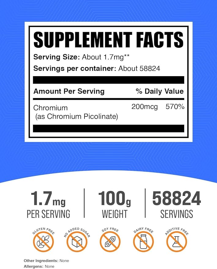 BulkSupplements.com Chromium Picolinate 200mcg Powder - Mineral Supplements - Gluten & Yeast Free, 200mcg of Chromium per Serving, 100g (3.5 oz) (Pack of 1)