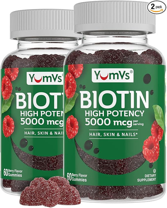 YumVs Biotin Gummies 5000mcg - Luscious Raspberry Flavor - Thicker Faster Hair Growth Gummies for Women or Men - Hair, Skin & Nails Vitamins - Hair Gummies - Vegetarian Biotin Supplement (60 Ct., 2pk)
