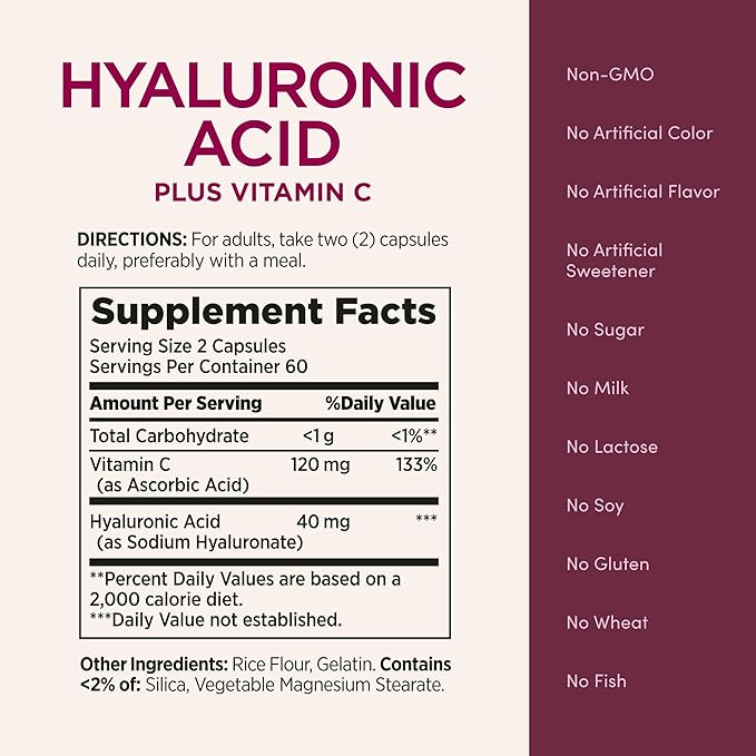 Nature's Bounty Vitamin C and Hyaluronic Acid Supplement, Supports Glowing Skin, Immune Function & Collagen Production, 120 Capsules - 60 Day Supply, Optimal Solutions Supplements for Skin Health