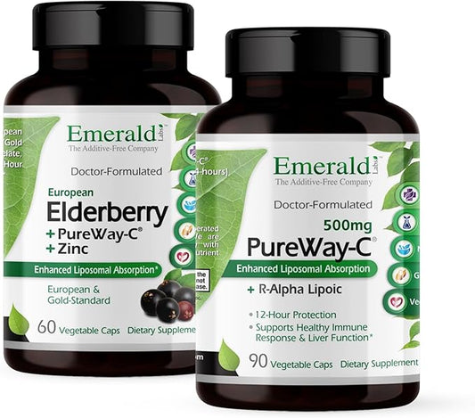 EMERALD LABS Bundle with Elderberry Plus (60 Veg Caps) & PureWay-C (90 Veg Caps) - Digestive & Immune Support with European Elderberry Extract, Vitamin C, Albion Chelated Zinc & R-Alpha Lipoic Acid*