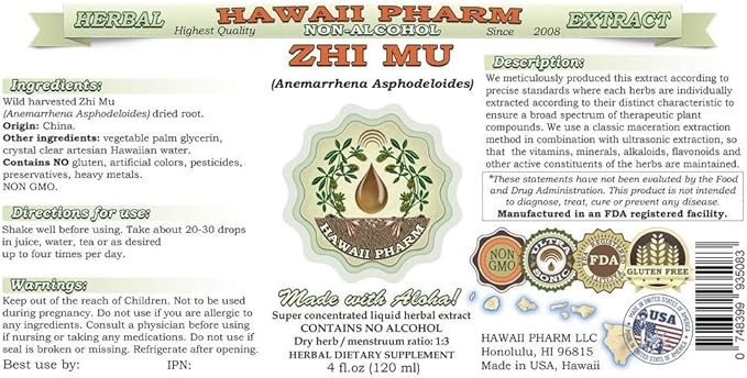 Hawaii Pharm Zhi Mu Alcohol-Free Liquid Extract, Zhi Mu, Anemarrhena (Anemarrhena Asphodeloides) Root Glycerite Natural Herbal Supplement, USA 2x2 fl.oz