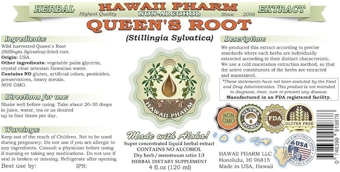 Queen's Root Alcohol-Free Liquid Extract, Queen's Root (Stillingia Sylvatica) Dried Root Glycerite Natural Herbal Supplement, Hawaii Pharm, USA 2x4 fl.oz