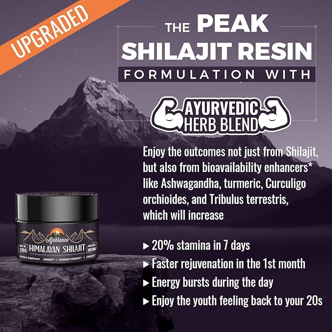 Ajoblanco 600mg Shilajit Pure Himalayan Organic Shilajit Resin - Himalayan Shilajit Resin with Organic Ayurvedic Blend in High Potency for Energy, Strength & Immunity, 30 Grams